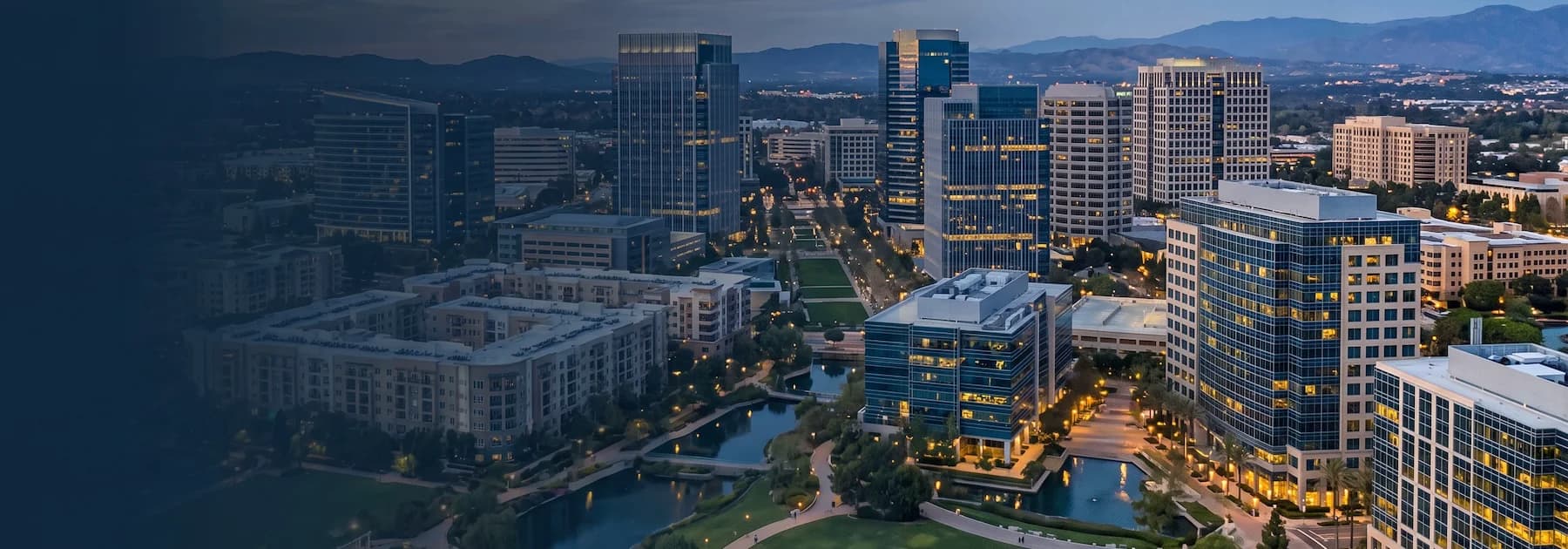 Aerial view of a Southern California business district at dusk