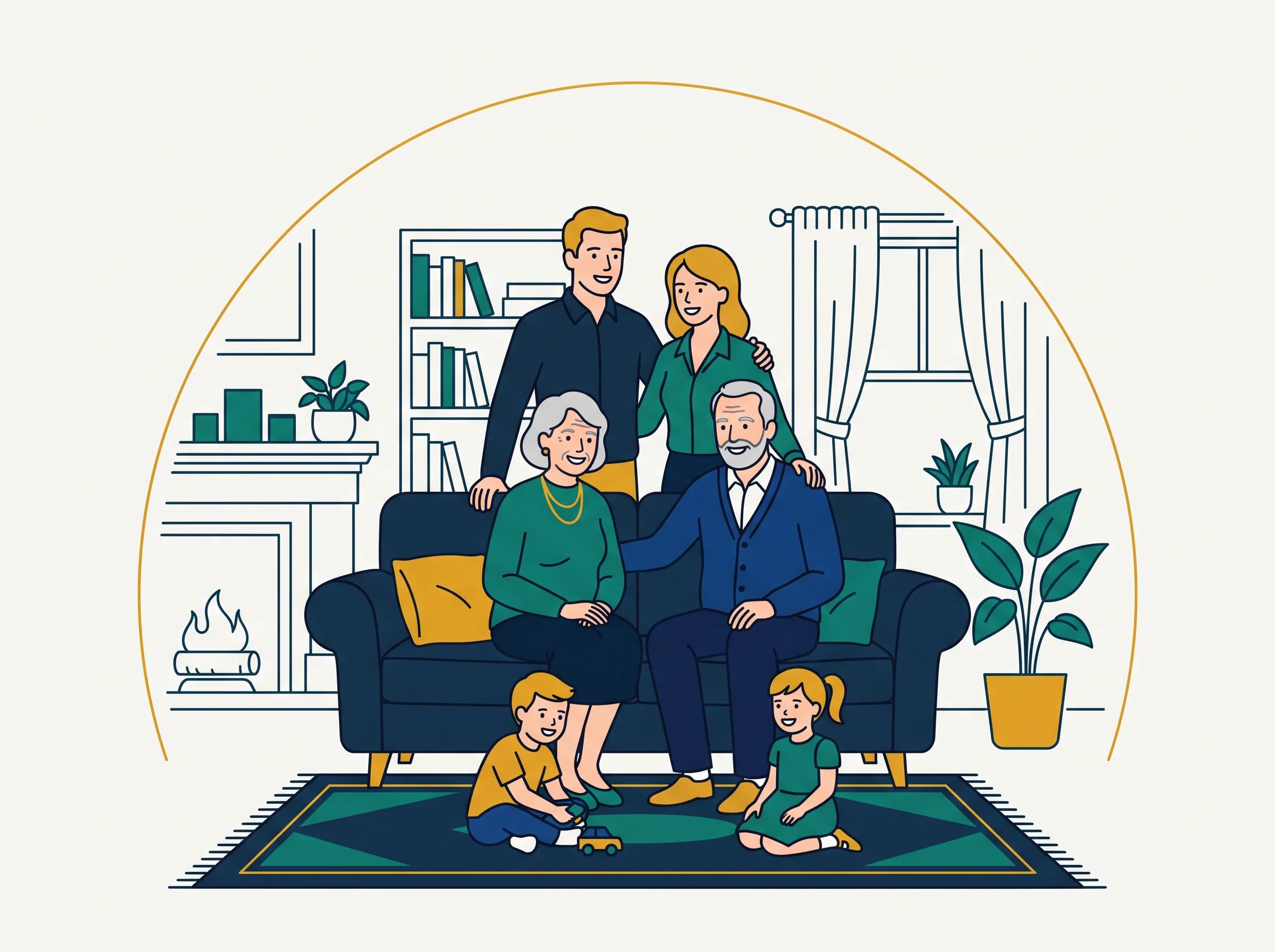 Illustration of three generations of one family beneath a protective arc