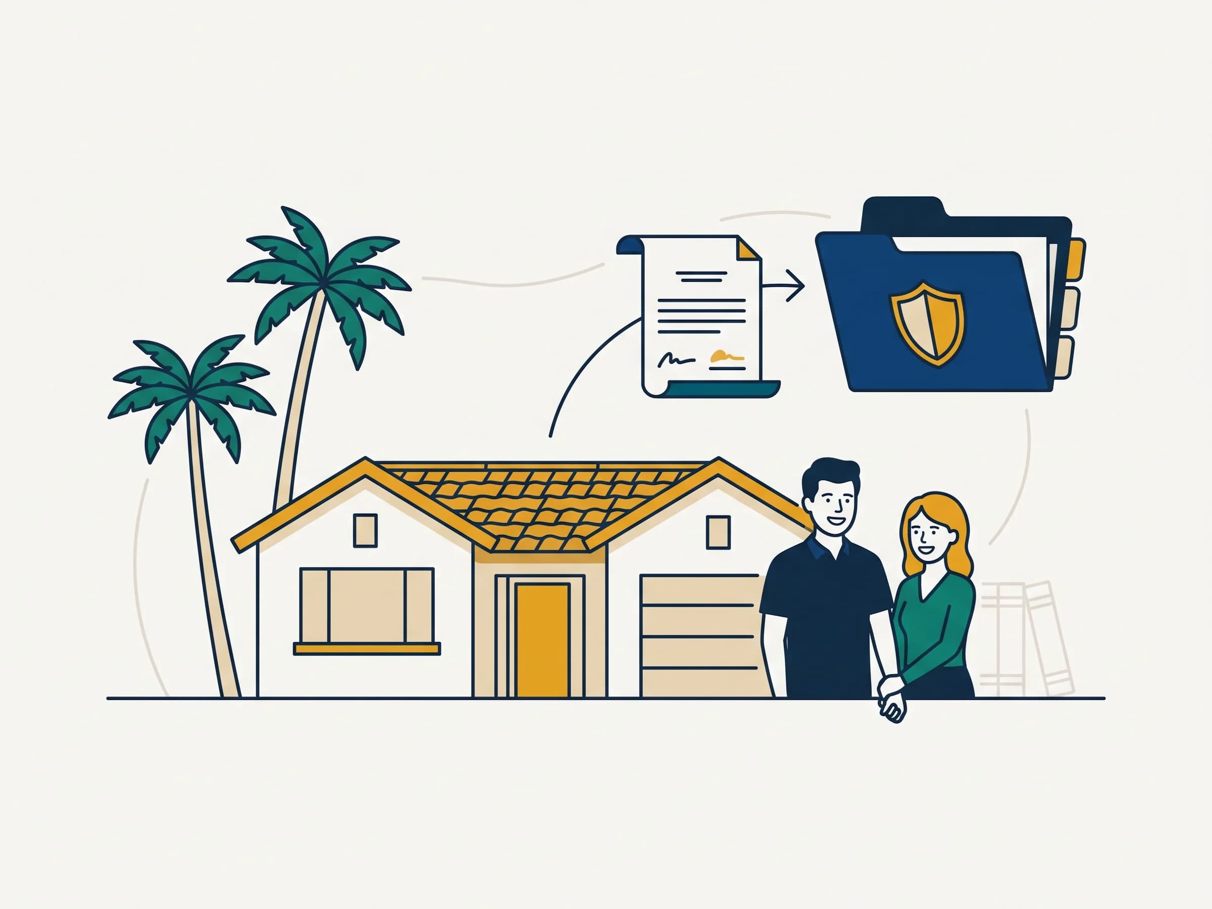 Illustration of a house beside a property deed marked with a seal