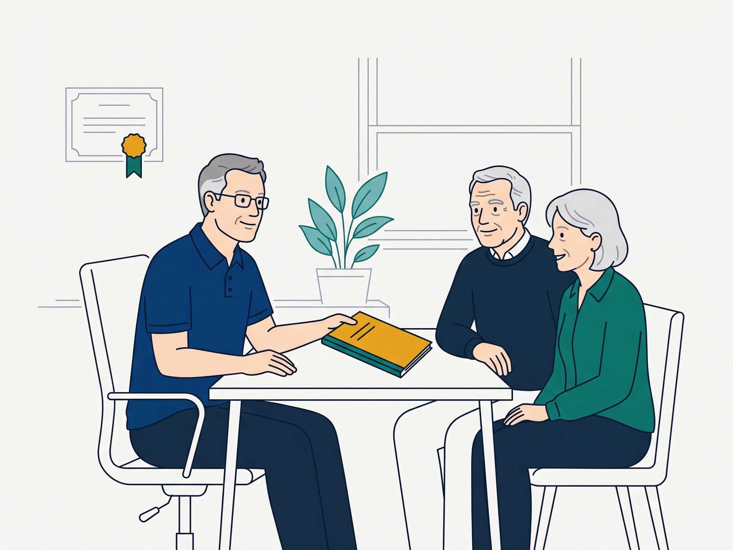 Illustration of an attorney and a client seated at a table with a document between them