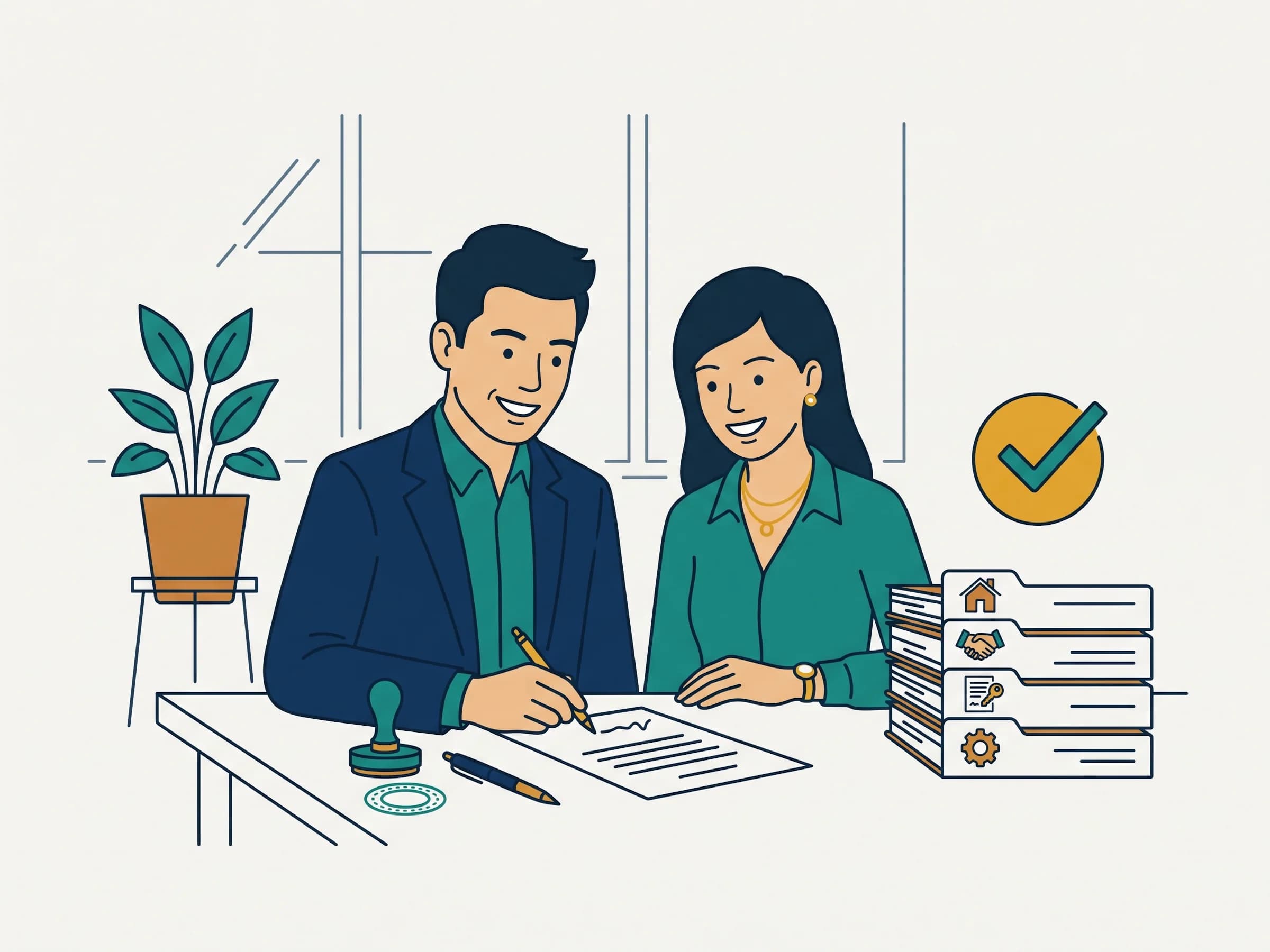 Illustration of a signed document beside a notary stamp